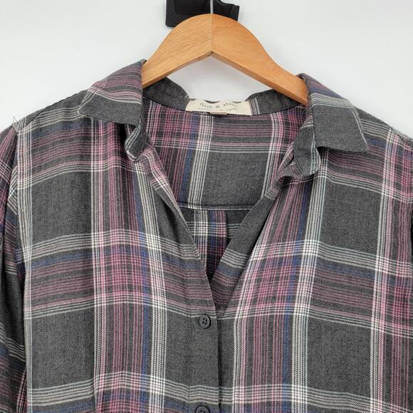 Cloth & Stone Women's High Low Raw Frayed Hem Plaid Button Down Shirt Gray Small - Picture 5 of 13